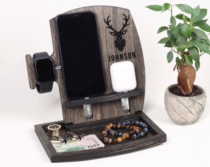 Apple Watch Charging Station, 3 in 1 Charger for iPhone, Mens Charging Station, Wooden Airpods Docking, Personalized iPhone Docking Station