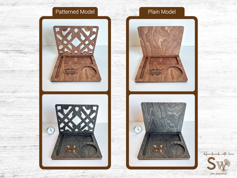 May include: Two wooden phone stands with a cutout design and a small cup holder. The stand on the left has a patterned design and the stand on the right is plain. Both stands have the name "Charlotte" engraved on them.