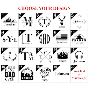 May include: A grid of 20 different designs for personalized wood burned items. The designs include mountains, initials, a deer, a crown, a bear, a lion, a flag, and more. The text "Choose Your Design" is at the top of the grid.