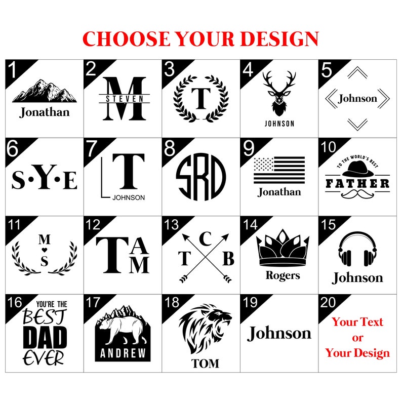 May include: A grid of 20 different designs for personalized wood burned items. The designs include mountains, initials, a deer, a crown, a bear, a lion, a flag, and more. The text "Choose Your Design" is at the top of the grid.