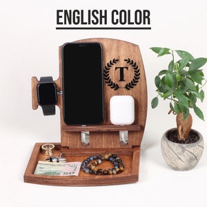 Apple Watch Charging Station, 3 in 1 Charger for iPhone, Mens Charging Station, Wooden Airpods Docking, Personalized iPhone Docking Station image 6