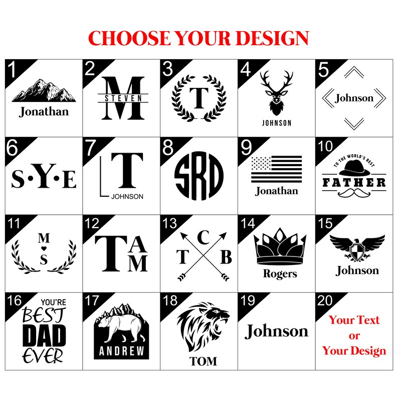 K&ouml;nnte beinhalten: Ein Raster mit 20 schwarz-wei&szlig;en Designs zur Personalisierung. Die Designs umfassen Berge, Initialen, einen Hirsch, eine Krone, einen B&auml;ren, einen L&ouml;wen, eine Flagge und vieles mehr. Der Text "W&auml;hlen Sie Ihr Design" befindet sich oben im Raster.