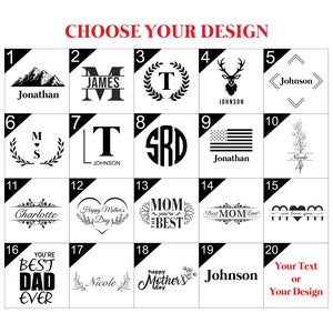 May include: A grid of 20 different design options for a personalised engraved gift. The designs include names, initials, mountains, deer, flowers, hearts, and the words "Mom", "Best Dad Ever", and "Happy Mother's Day".