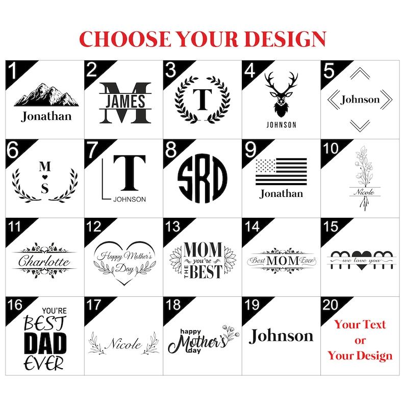 May include: A grid of 20 different design options for a personalised engraved gift. The designs include names, initials, mountains, deer, flowers, hearts, and the words "Mom", "Best Dad Ever", and "Happy Mother's Day".