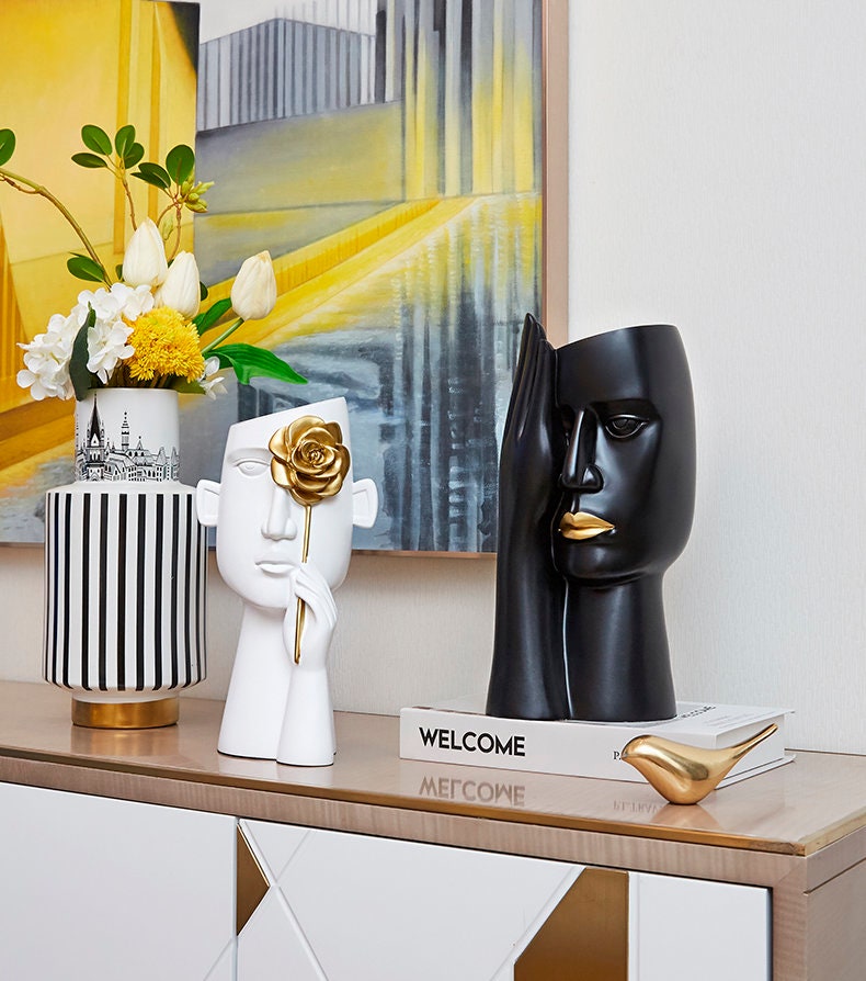 Face Vase White and Black Resin Vase Modern Vase Handmade Etsy