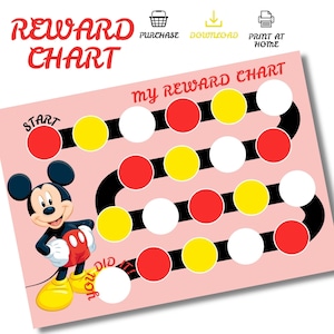 May include: A pink reward chart featuring Mickey Mouse. The chart has a black path with red, yellow, and white circles. Text includes "Reward Chart," "My Reward Chart," "Start," and "You Did It!"