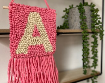 Mini Fuchsia Pink Initial Wall Hanging | Personalised Wall Art | Custom Nursery Decor | Punch Needle | Scandi Nursery Accessories