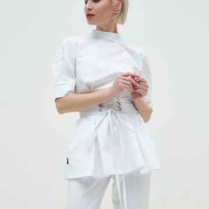 Aesthetic scrub set of  lab coat and pants with a removable belt for  workers and nurses, cosmetology cloth for beautician