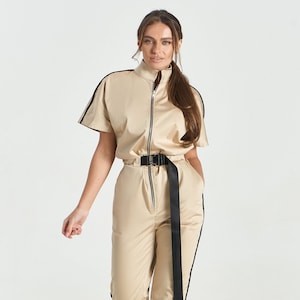 Beige fashionable overall beautician jumpsuit for spa specialists salon uniform for hairdressers, cosmetology cloth for beautician