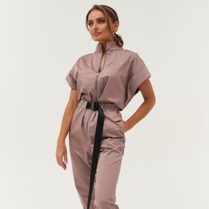 Gold rose fashionable jumpsuit beautician overalls for spa specialists salon uniform for hairdressers, cosmetology cloth for beautician