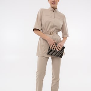Elegant Beige Doctor Scrub Set with Decorative Belt Medical Uniform Premium Italian Fabric Comfortable Fit for Nurses and Doctors