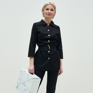 Black stylish scrub set of  lab coat and pants with a removable belt for  workers and nurses, cosmetology cloth for beautician