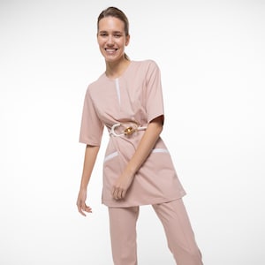 Modern Women&#39;s Medical Suit – Professional Uniform with V-neck Blouse, Zipper, and High-waisted Trousers for Beautician and Cosmetologists