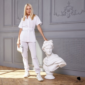 white nurse uniform scrub set Lab coat women Beautician uniform shirt and pants Doctor clothes  apparel women