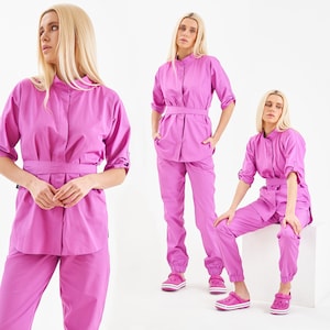 Pink classic scrub set of  coat and pants doctors uniform scrub set for  workers and nurses, cosmetology cloth for beautician