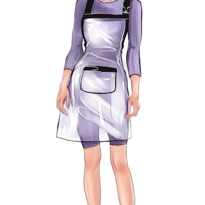 May include: A woman wearing a purple and clear plastic apron with black straps. She is wearing black sandals and has dark hair.