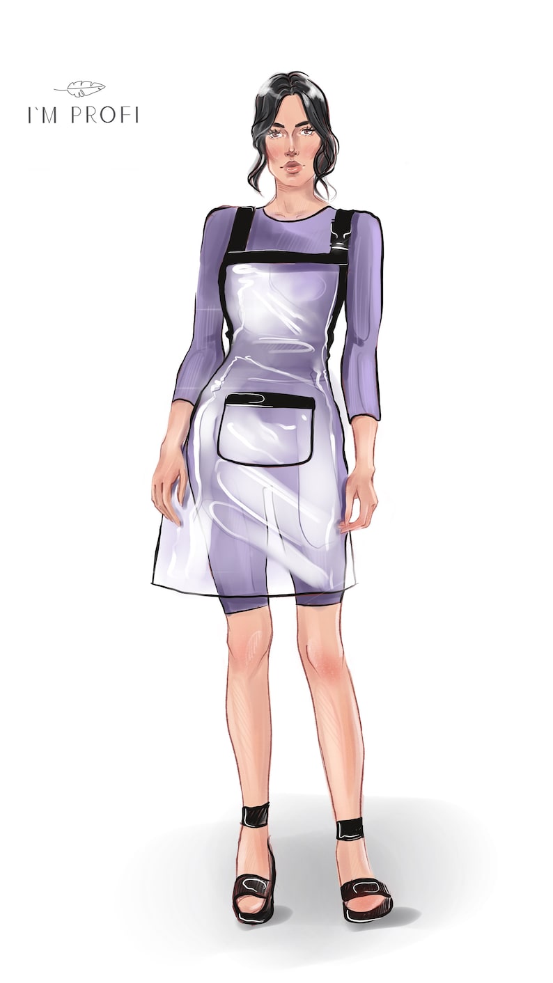 May include: A woman wearing a purple and clear plastic apron with black straps. She is wearing black sandals and has dark hair.