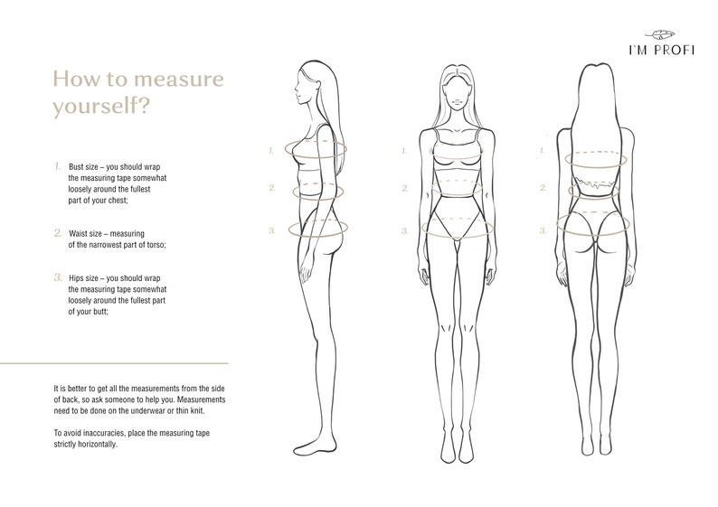 May include: A line drawing illustration showing how to measure bust, waist, and hips. The illustration shows a woman standing in three different poses. The text reads "How to measure yourself?" and "I'm Profi".