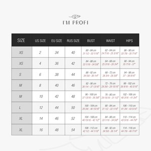 May include: Size chart for women's clothing with measurements in inches and centimetres. The chart shows US, EU, and Russian sizes, along with bust, waist, and hip measurements.