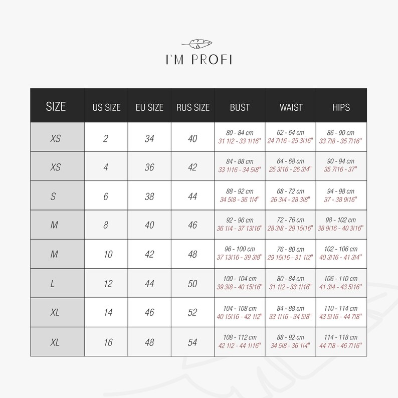 May include: Size chart for women's clothing with measurements in inches and centimetres. The chart shows US, EU, and Russian sizes, along with bust, waist, and hip measurements.