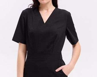 Conjunto médico negro para mujer, top con cuello en V y pantalones elásticos. Uniforme elegante de enfermera, mezcla de algodón, ropa de trabajo para cosmetólogas y profesionales de la belleza.
