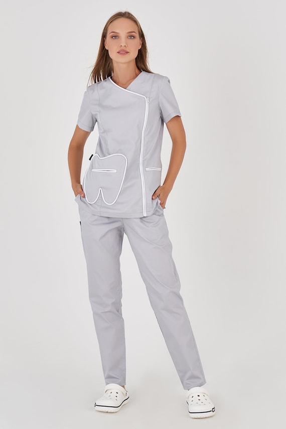 Gray Dentist Scrub Set of Lab Coat and Pants Uniform Scrub Set for