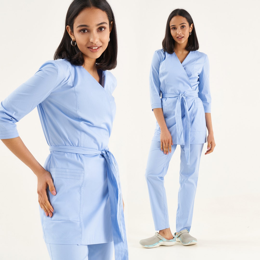Blue Esthetician Wrap Uniform Women Nurse Scrub Uniform for Women Apparel Uniform Scrubs for