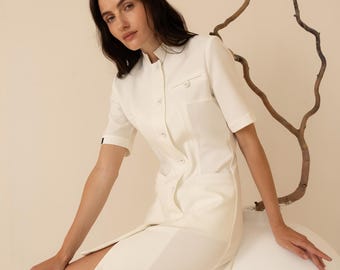 Elegant women’s medical coat with fabric-covered buttons Premium Italian fabric Doctor uniform Beauty industry apparel