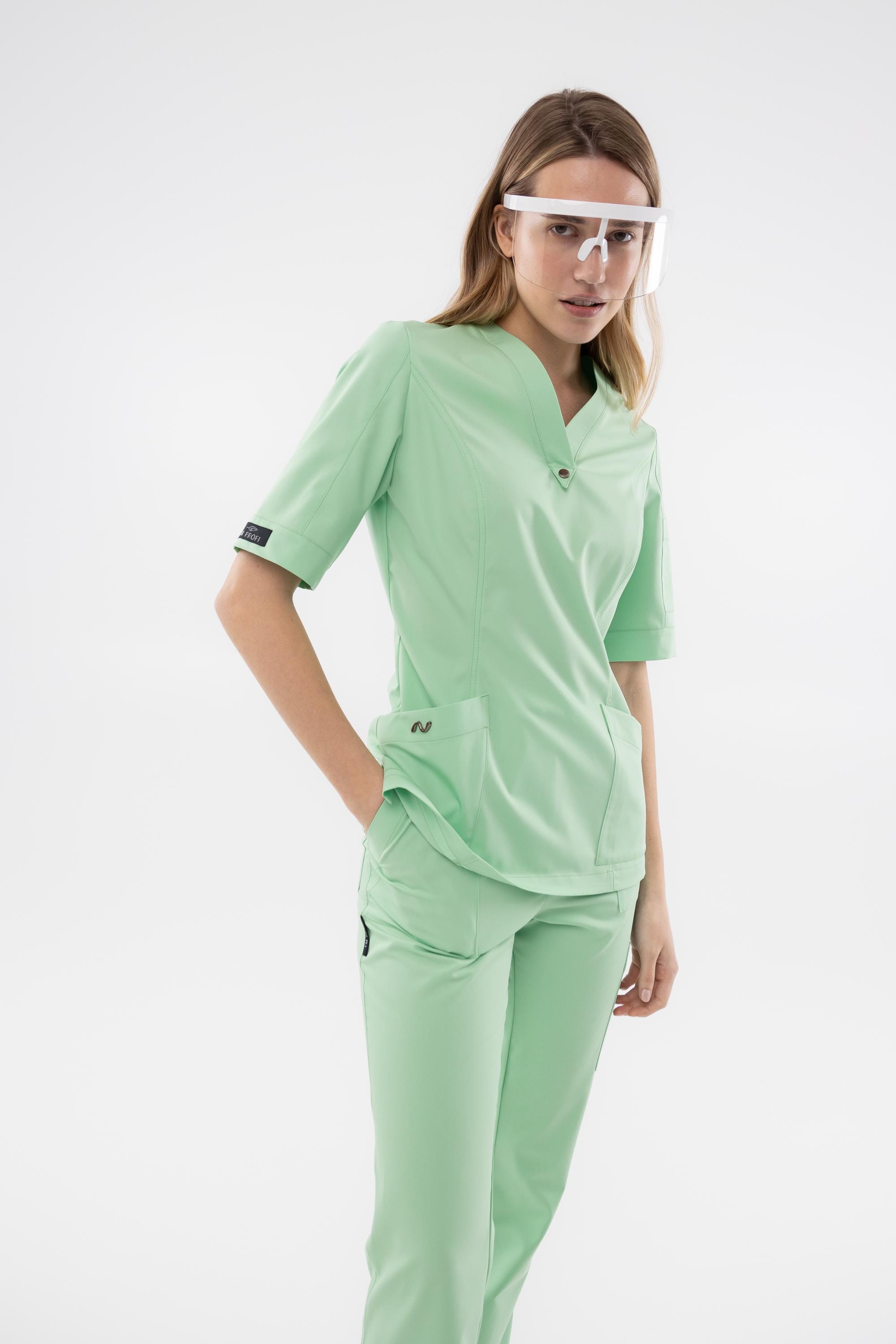 Apple green work uniform for women Scrub set with zip top and multiple pocket pants Comfortable and elegant nurse and doctor clothing