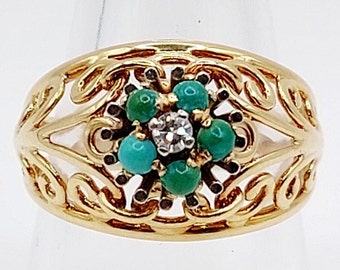 Bague fleur art deco or 18k fils d'or tressés ornée d'un diamant taille 8x8 et de turquoises (circa 1950)