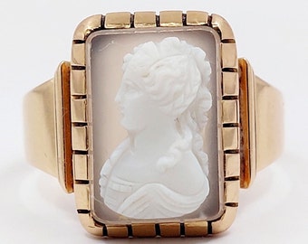 French antique ring 18k rose gold set with a white cameo representing a young maiden