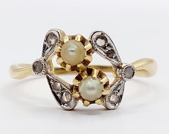 French victorian 18k gold ring set with pearls and rose cut diamonds forming mistletoe (circa 1900) antique