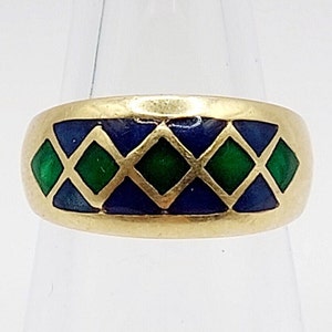 French art deco 18k gold ring with green and blue enamel geometric decorations (circa 1950)