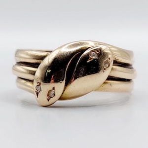 English Antique two headed snake ring 10k gold set with rose cut diamonds (circa 1901 Birmingham) victorian