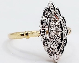 Bague marquise vintage or 18k ornée de 3 diamants taille brillant, art deco