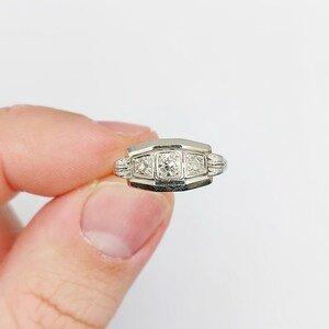 French Art deco tank ring 18k white gold set with rose cut diamonds in a geometric setting circa 1930 engagement image 9