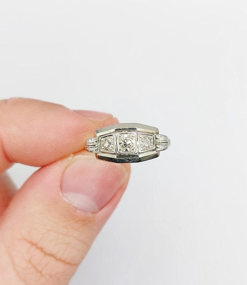 French Art deco tank ring 18k white gold set with rose cut diamonds in a geometric setting circa 1930 engagement image 9