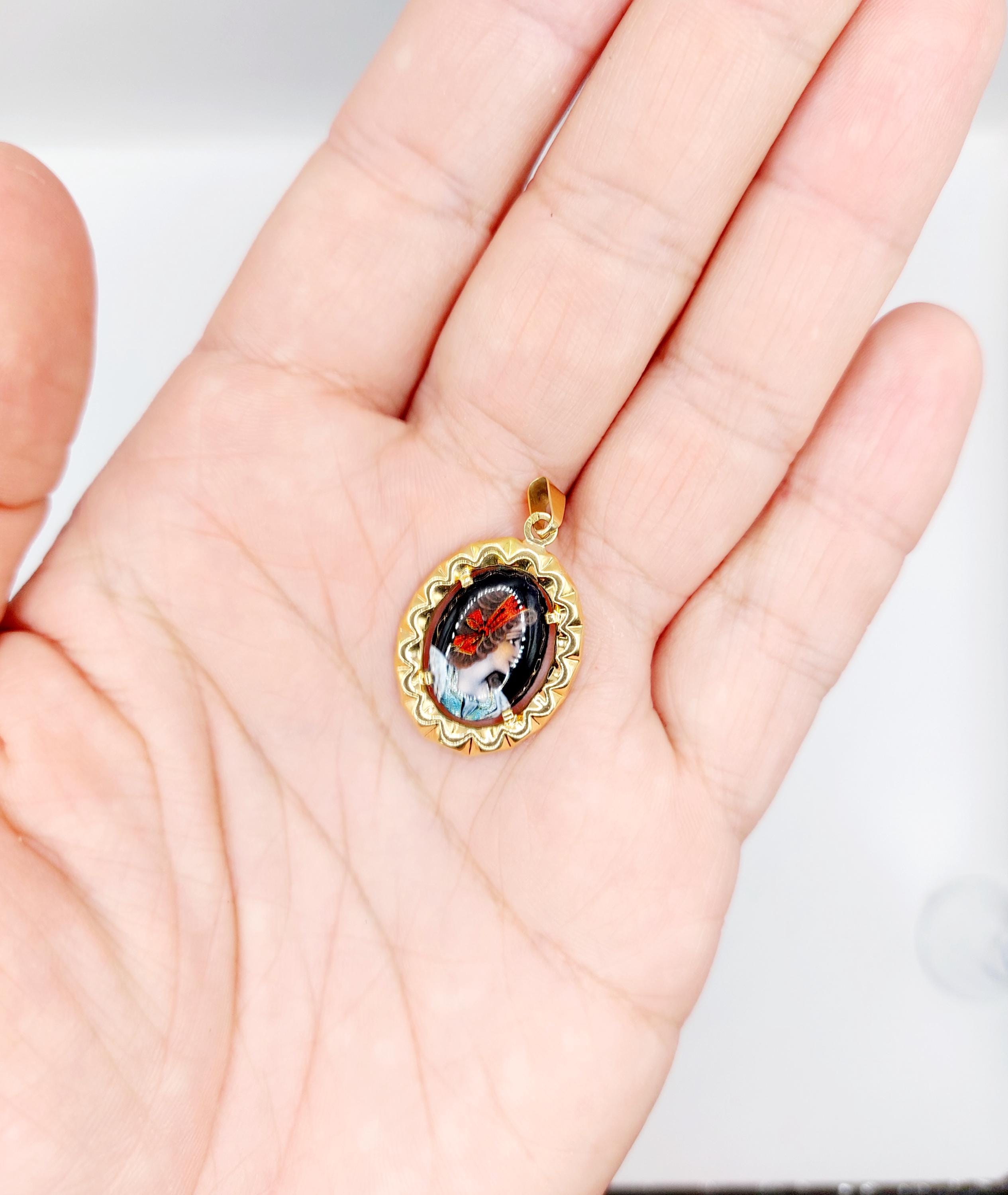 Pendentif Limoges Art Nouveau - Or Rose 18k - Plaque émaillée Jeune Fille - Collier Mi-long