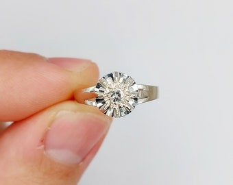 Bague Solitaire Art Déco En Or Blanc 18k Avec Diamant Brillant - Taille 52, Circa 1940 - Occasion