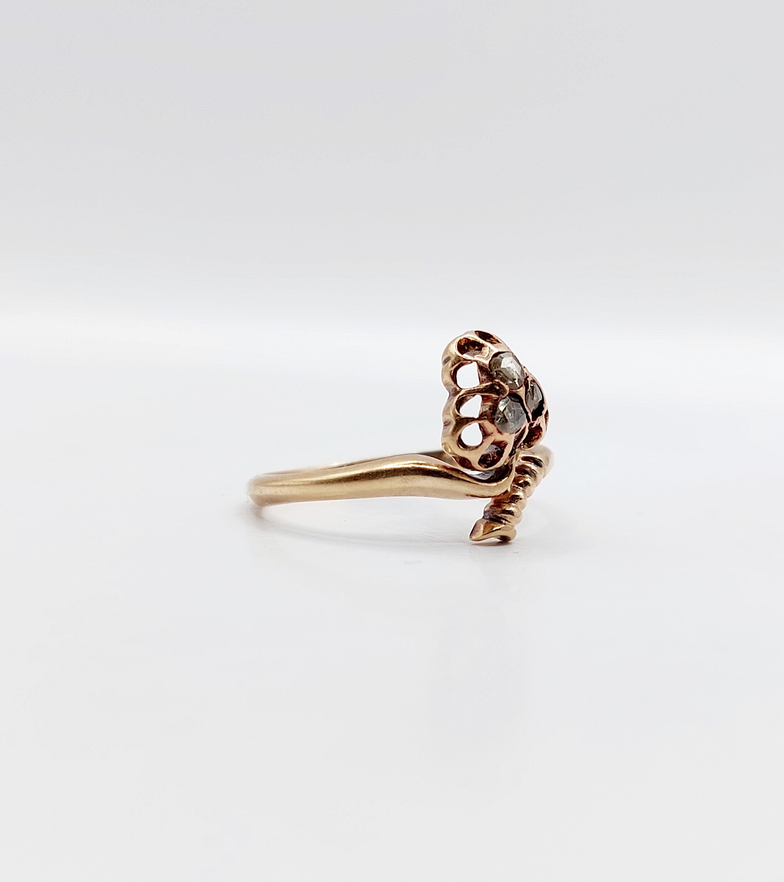 Bague Victorienne Or Rose 18k Trèfle Diamants - Taille 52, Circa 1880, Pierres Naturelles Sans Traitement