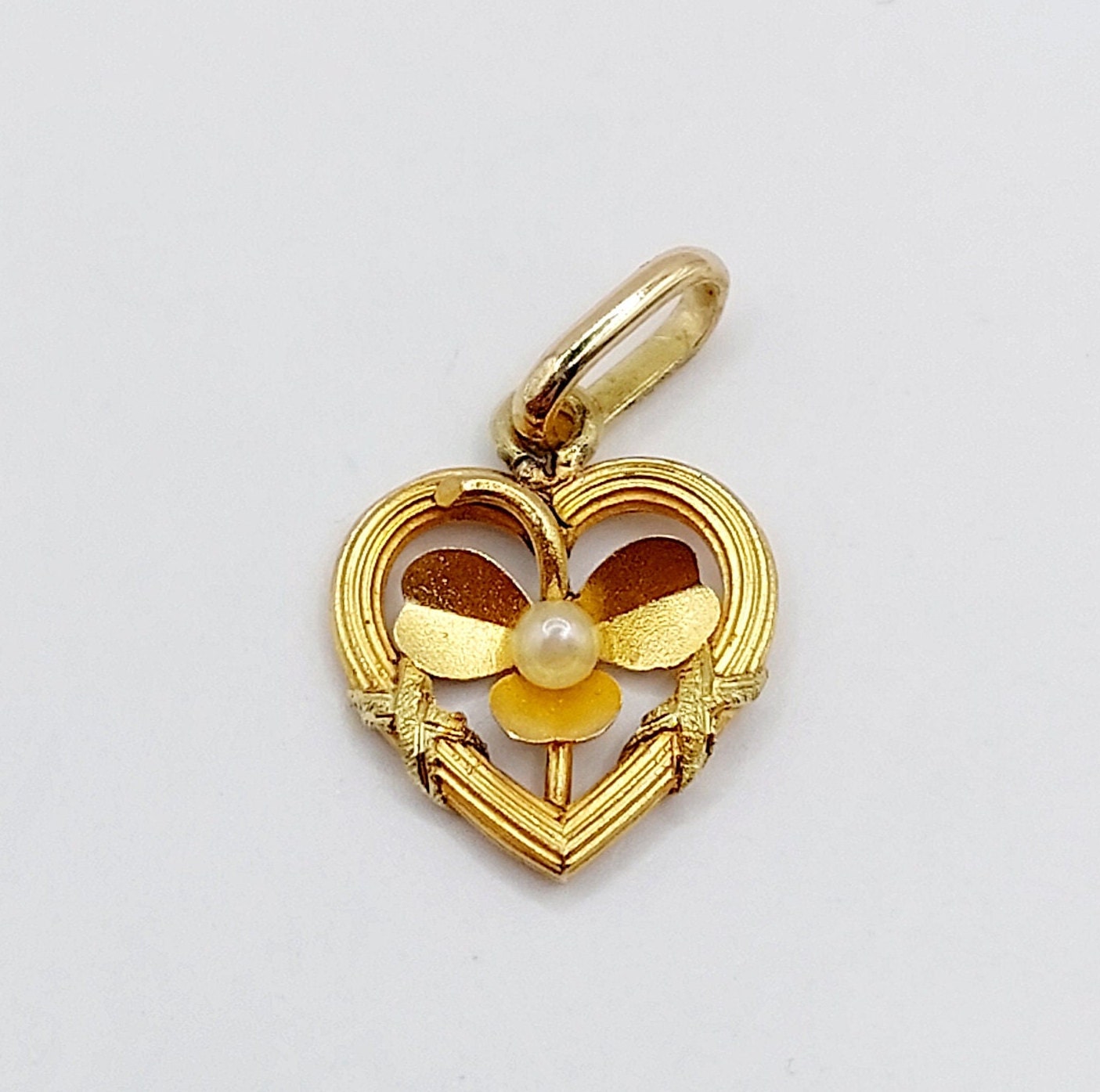 Pendentif Ancien Or 18k Cœur Et Fleur Avec Perle - Circa 1900, Occasion