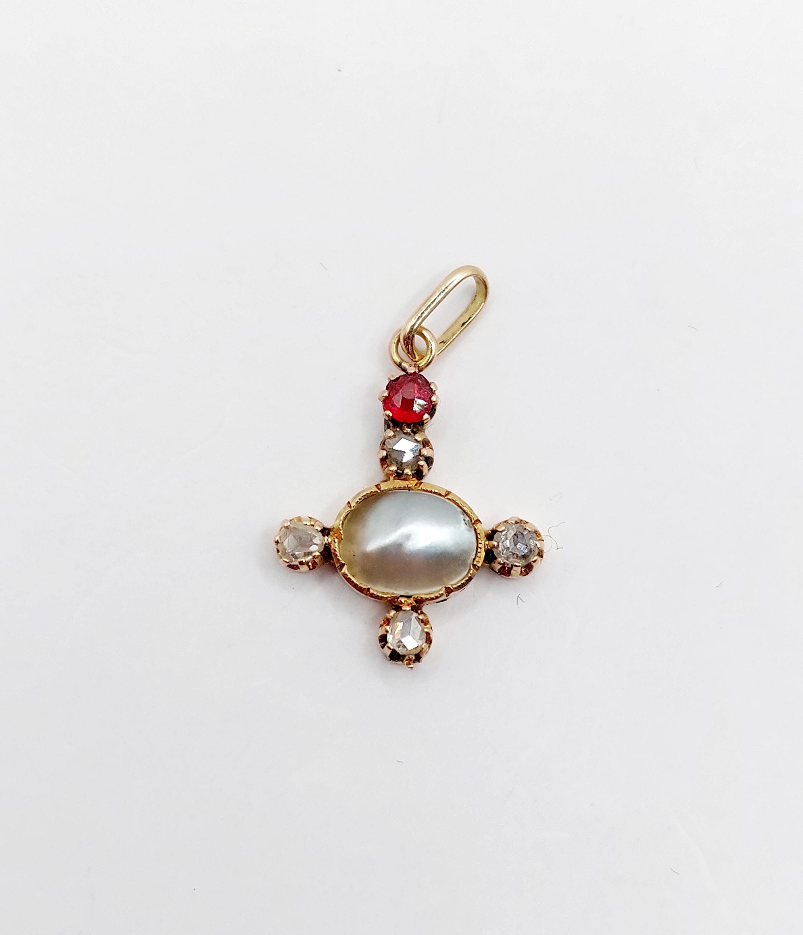 Pendentif Victorien Or Rose 18k - Fleur Ornée De Perles - Circa 1880 - Occasion
