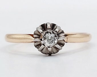 Bague solitaire antique or rose 18k ornée d'un diamant taille ancienne de 0.10 carats en serti griffes (circa 1900)
