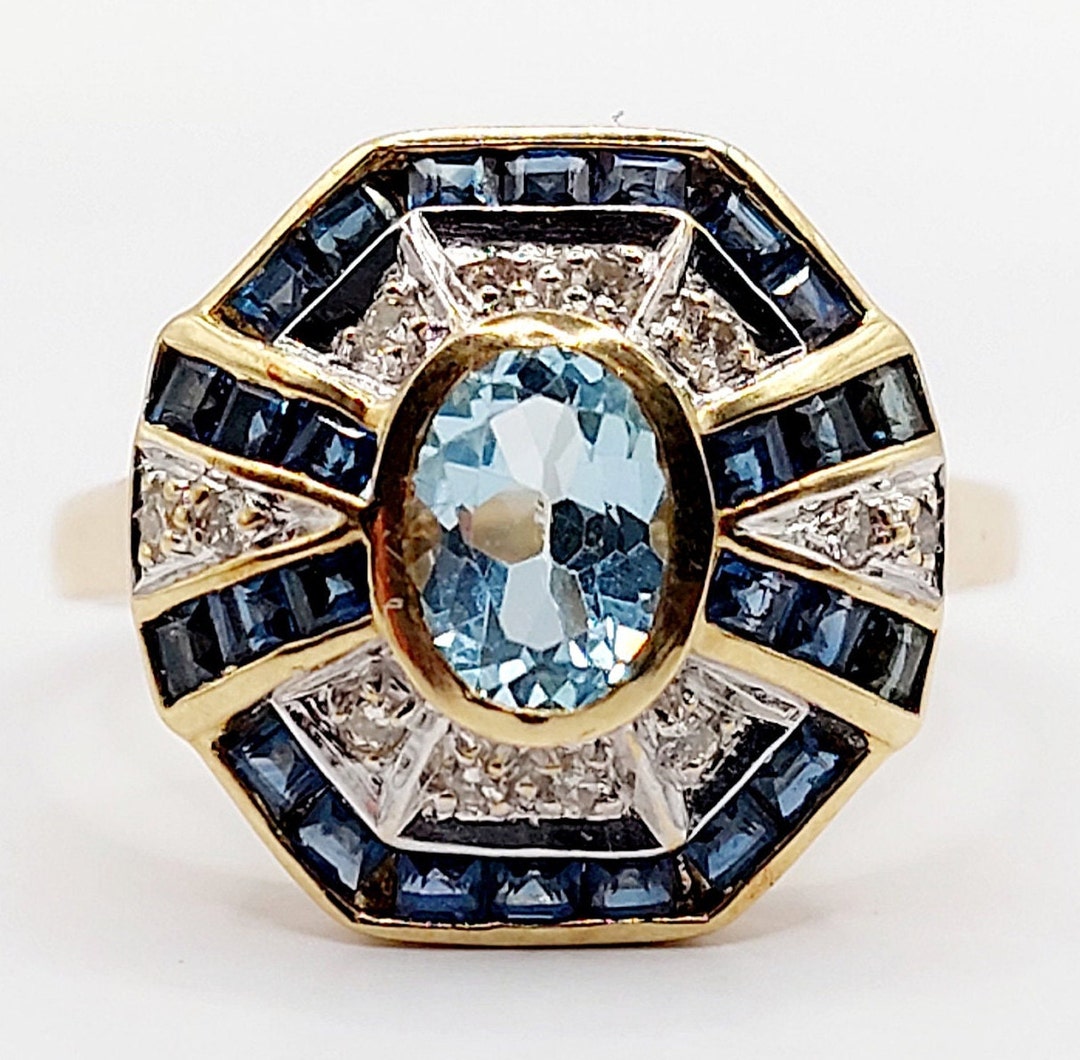 French Art Deco Tank Ring 18k Gold Set With a Blue Topaz, Calibrated ...