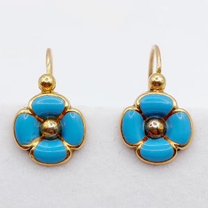 French antique sleepers earrings 18k gold forming a flower decorated with blue turquoise enamel (circa 1900) lever back art nouveau