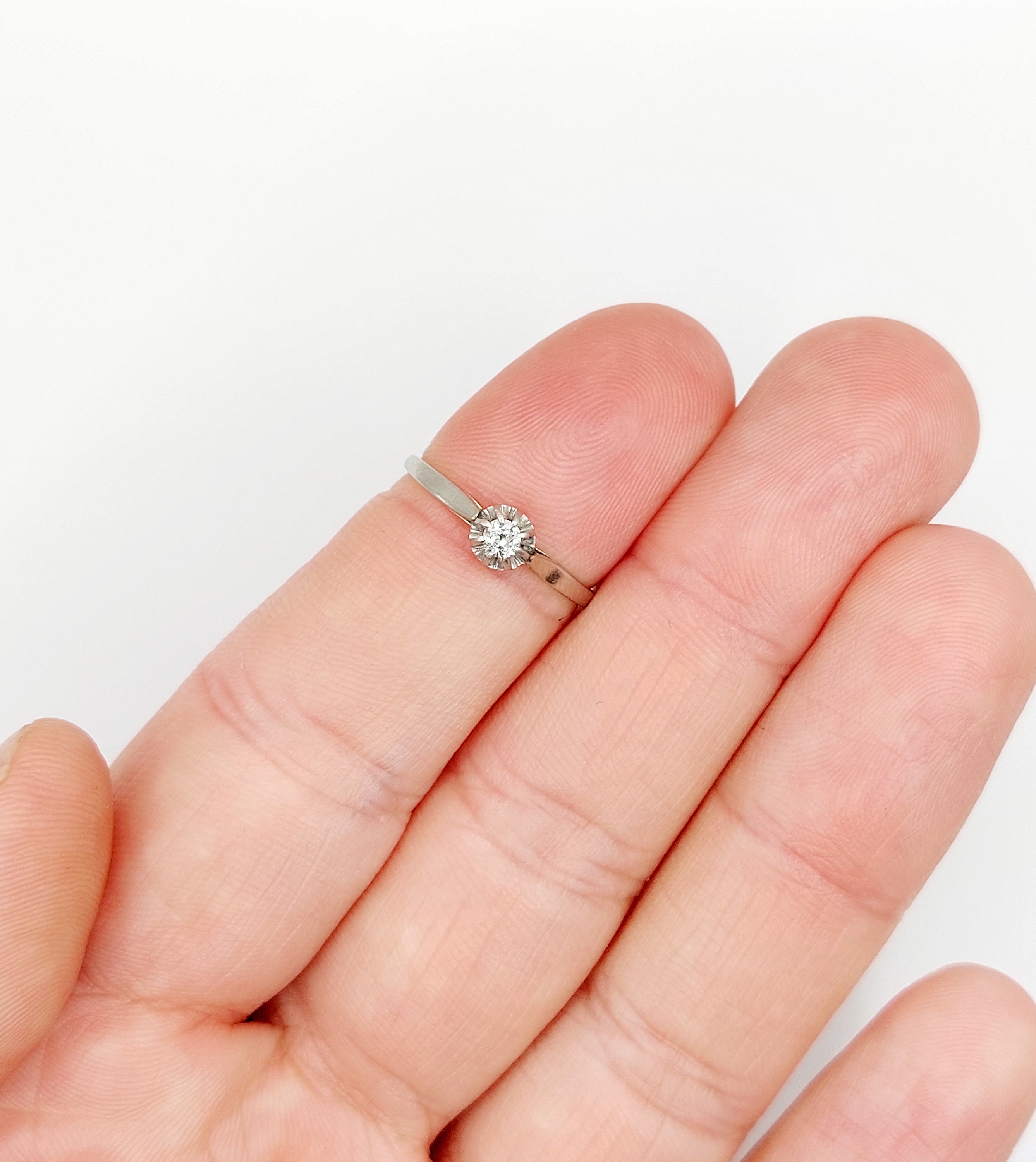 Bague Solitaire Art Déco Or Blanc 18k Diamant 0,10 Carats - Taille 52, Vintage 1930