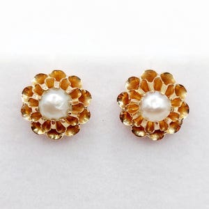 French antique stud earring 18k rose gold set with pearls in prong setting (circa 1900)