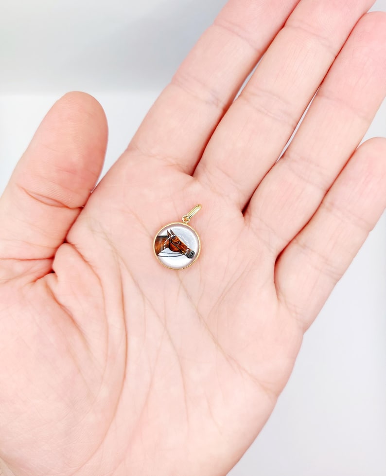 May include: A gold pendant featuring a hand-painted portrait of a brown horse's head. The pendant is round and has a white background.