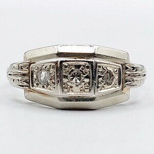 French Art deco tank ring 18k white gold set with rose cut diamonds in a geometric setting circa 1930 engagement image 1