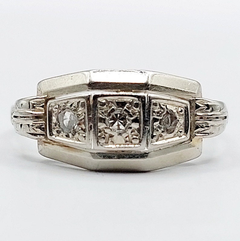 French Art deco tank ring 18k white gold set with rose cut diamonds in a geometric setting circa 1930 engagement image 1
